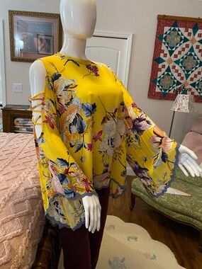 Johnny Was Yellow Floral Cold-Shoulder Bell Sleeve Blouse XL